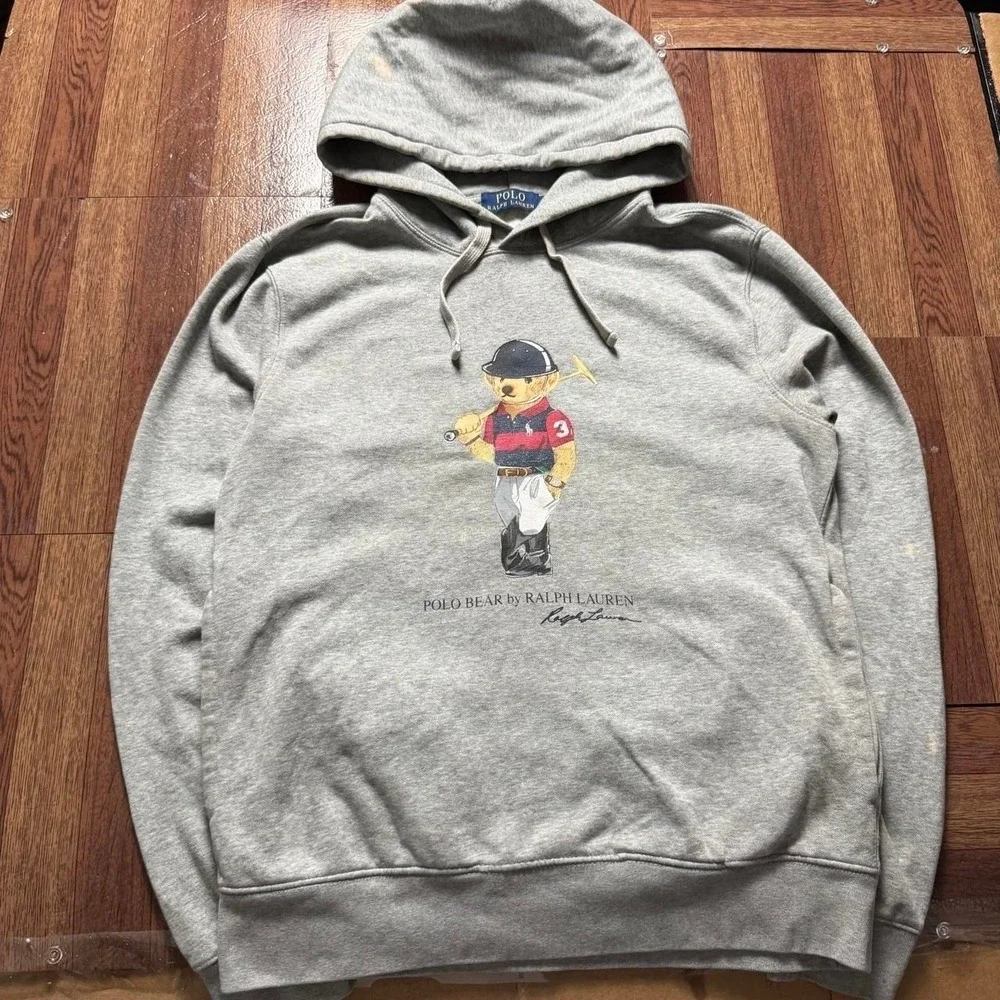 Polo Ralph Lauren Grey Fleece Rugby Polo Bear Hoodie Small FLAWS